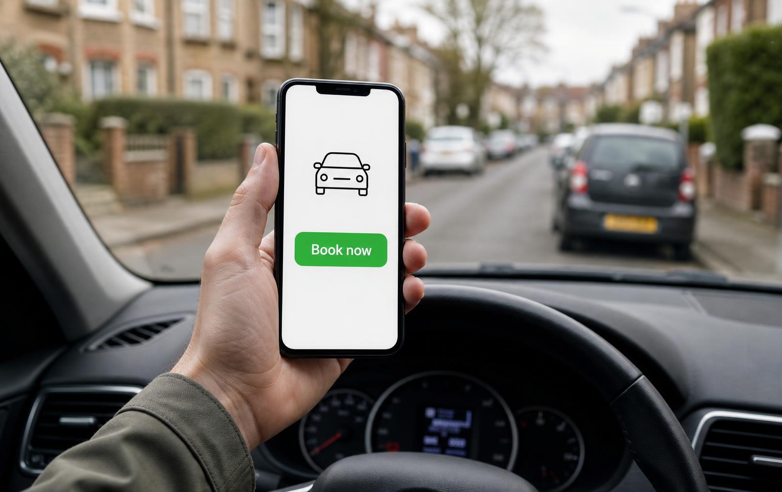 Driver using a car hire app on a smartphone inside a parked car on a British street