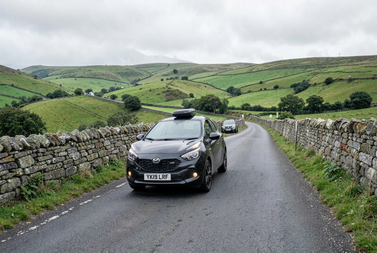 Hire car on a narrow country road between dry stone walls in the English hills